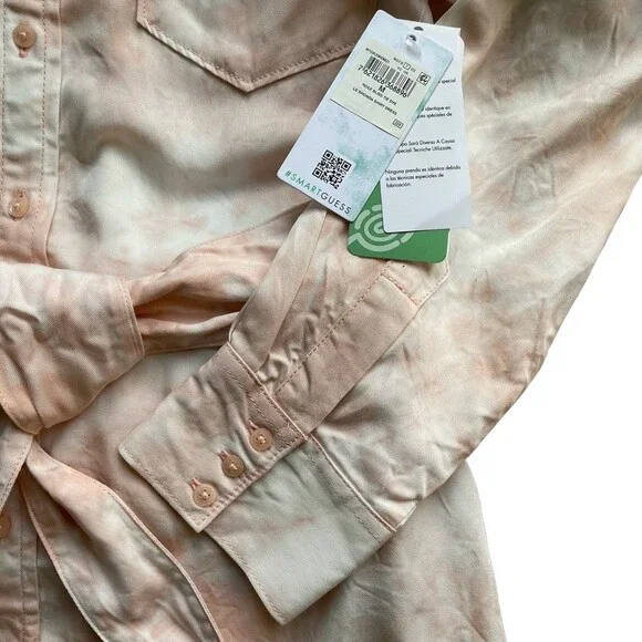 Guess Rose Bliss La Shonda Pink Tie Dye Button Down Belted Shirt Dress Size M - Picture 14 of 14